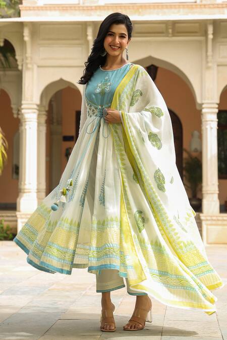 Buy_Bairaas_Blue Mulmul Hand Block Print Anarkali Set_Online_at_Aza_Fashions