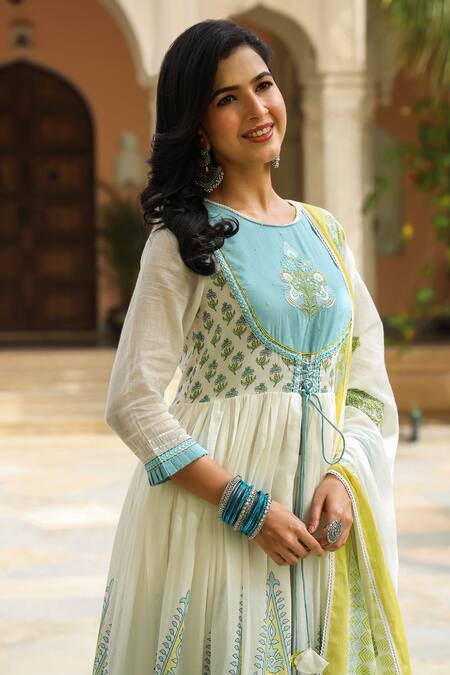 Shop_Bairaas_Blue Mulmul Hand Block Print Anarkali Set_Online_at_Aza_Fashions