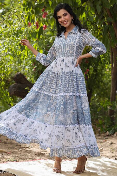 Buy_Bairaas_Blue Mulmul And Embroidery Floral & Sequin Spread Collar Maxi Dress_Online_at_Aza_Fashions