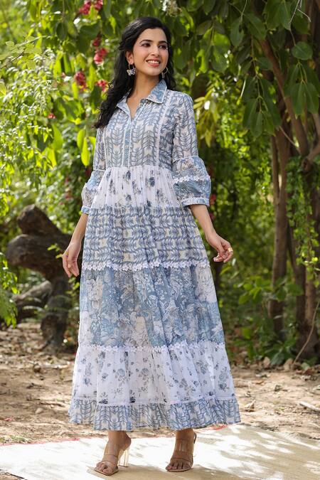 Shop_Bairaas_Blue Mulmul And Embroidery Floral & Sequin Spread Collar Maxi Dress_Online_at_Aza_Fashions