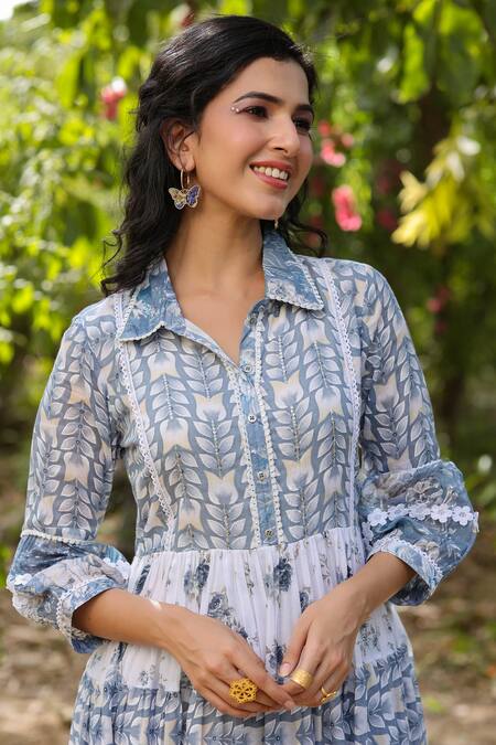 Bairaas_Blue Mulmul And Embroidery Floral & Sequin Spread Collar Maxi Dress_at_Aza_Fashions