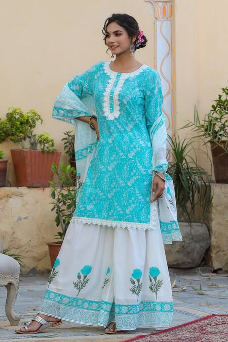 Shop_Bairaas_Blue Mulmul And Embroidery Hand Block & Gota Patti Kurta Sharara Set_Online_at_Aza_Fashions