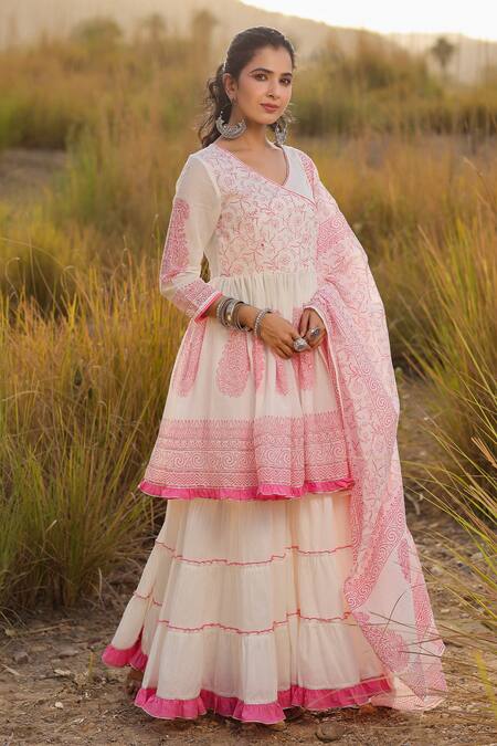 Bairaas_Pink Mulmul And Embroidery Hand Block V Neck Angrakha Sharara Set_Online_at_Aza_Fashions