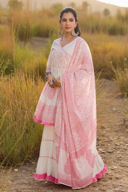 Shop_Bairaas_Pink Mulmul And Embroidery Hand Block V Neck Angrakha Sharara Set_Online_at_Aza_Fashions