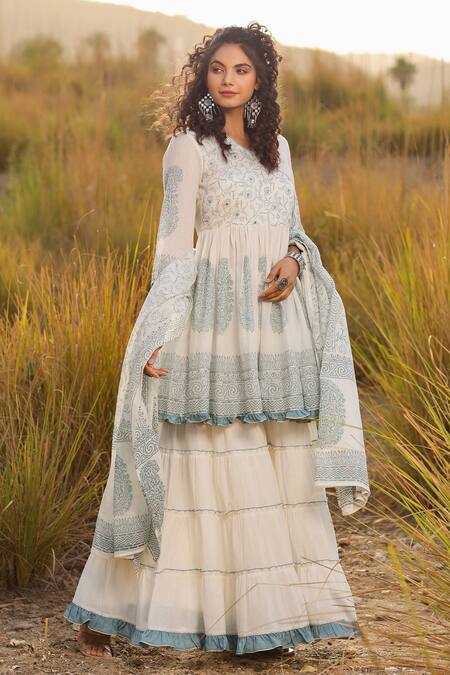 Bairaas_Grey Mulmul And Embroidery Hand Block V Neck Angrakha Sharara Set_Online_at_Aza_Fashions