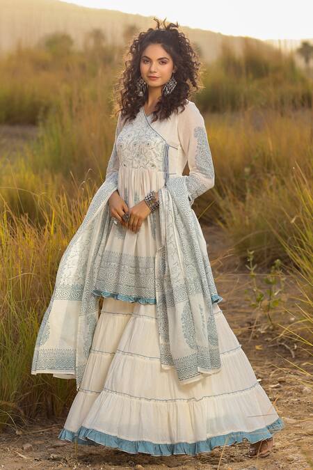 Buy_Bairaas_Grey Mulmul And Embroidery Hand Block V Neck Angrakha Sharara Set_Online_at_Aza_Fashions