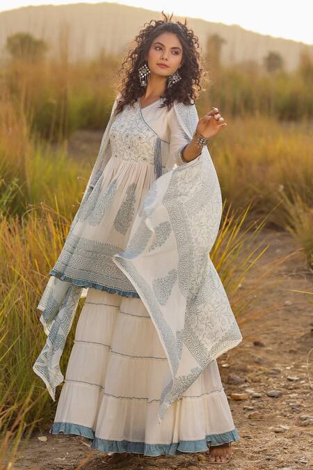 Shop_Bairaas_Grey Mulmul And Embroidery Hand Block V Neck Angrakha Sharara Set_Online_at_Aza_Fashions