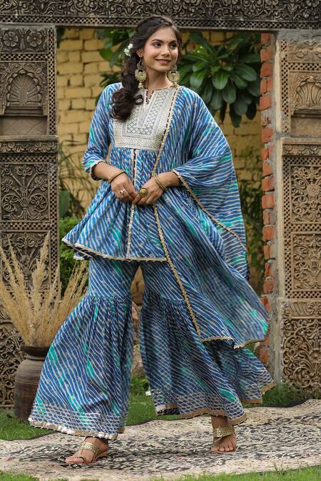 Buy_Bairaas_Blue Mulmul Print And Embroidery Leheriya Notched Kurta Gharara Set _Online_at_Aza_Fashions