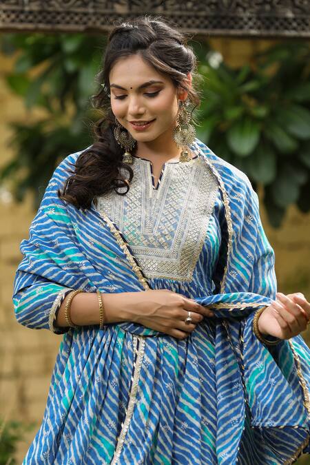 Shop_Bairaas_Blue Mulmul Print And Embroidery Leheriya Notched Kurta Gharara Set _Online_at_Aza_Fashions