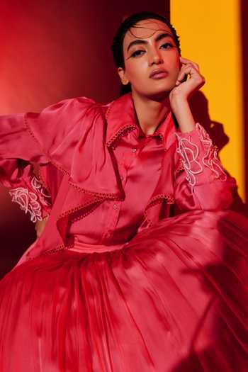Sakshi Khetterpal_Pink Italian Georgette And Satin Silk Ruffle Trim Shirt & Skirt Set _Online_at_Aza_Fashions