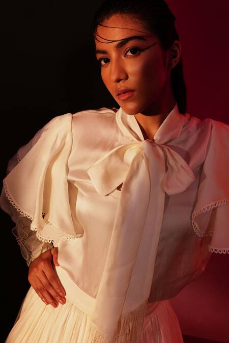 Shop_Sakshi Khetterpal_White Italian Georgette And Satin Silk Applique Pussy Top & Skirt Set _Online_at_Aza_Fashions