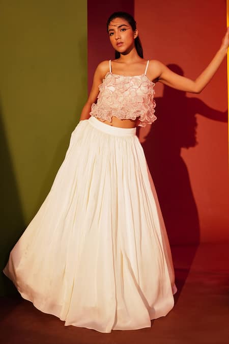 Georgette Pink Flared Skirt With White Top
