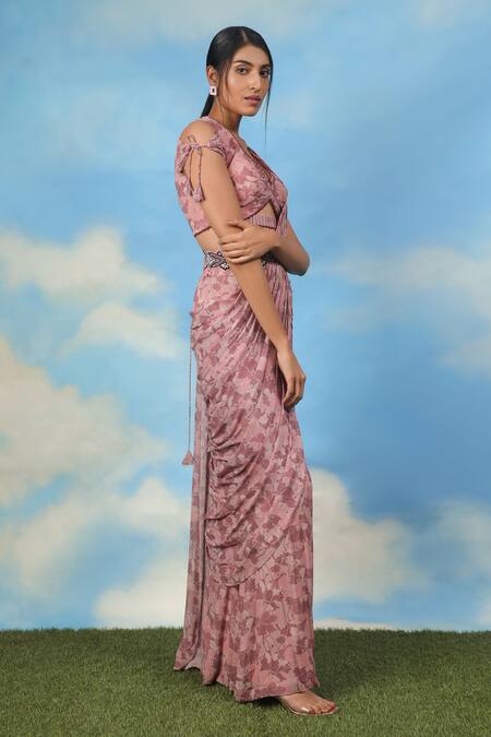 Adi By Aditya Khandelwl_Pink Satin Chanderi And Georgette Digital Print, Floral Palazzo Saree With Blouse _Online_at_Aza_Fashions
