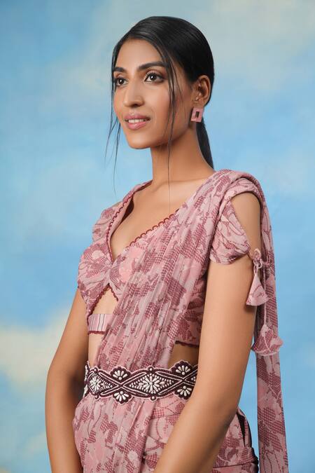 Shop_Adi By Aditya Khandelwl_Pink Satin Chanderi And Georgette Digital Print, Floral Palazzo Saree With Blouse _Online_at_Aza_Fashions