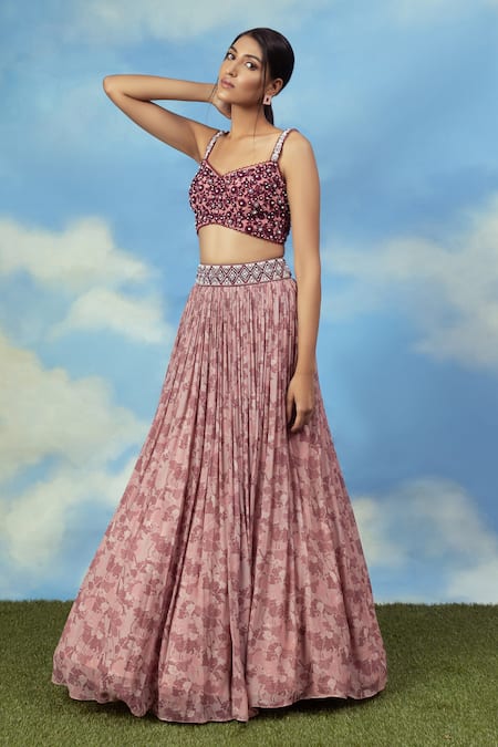 Adi By Aditya Khandelwl_Pink Georgette And Crepe Digital Print, Pearl & Embroidered Crop Top & Skirt Set_Online_at_Aza_Fashions
