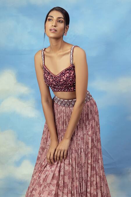 Shop_Adi By Aditya Khandelwl_Pink Georgette And Crepe Digital Print, Pearl & Embroidered Crop Top & Skirt Set_Online_at_Aza_Fashions