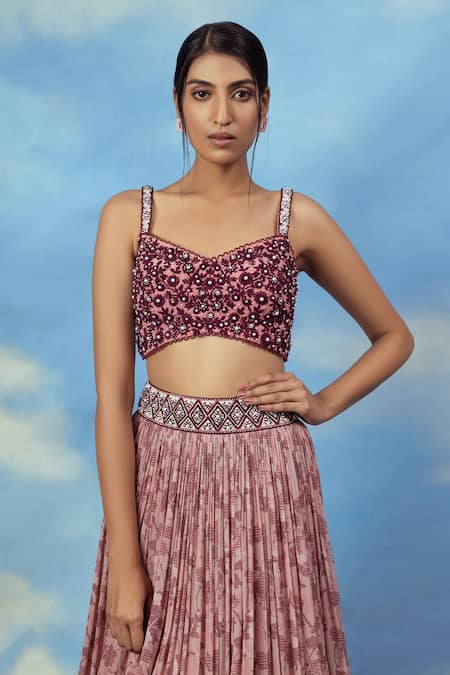 Adi By Aditya Khandelwl_Pink Georgette And Crepe Digital Print, Pearl & Embroidered Crop Top & Skirt Set_at_Aza_Fashions