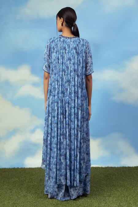 Shop Adi By Aditya Khandelwl Blue Georgette Digital Print, Pearl And Thread Round Floral Tunic & Palazzo Set at Aza Fashions Shop_Adi By Aditya Khandelwl_Blue Georgette Digital Print, Pearl And Thread Round Floral Tunic & Palazzo Set _at_Aza_Fashions