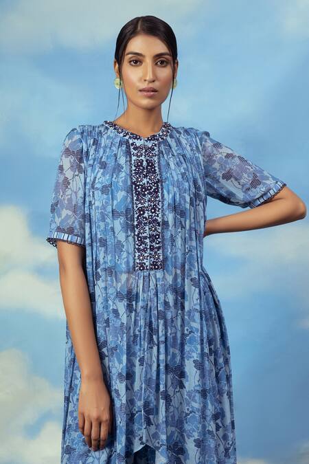 Shop Adi By Aditya Khandelwl Blue Georgette Digital Print, Pearl And Thread Round Floral Tunic & Palazzo Set Online at Aza Fashions Shop_Adi By Aditya Khandelwl_Blue Georgette Digital Print, Pearl And Thread Round Floral Tunic & Palazzo Set _Online_at_Aza_Fashions