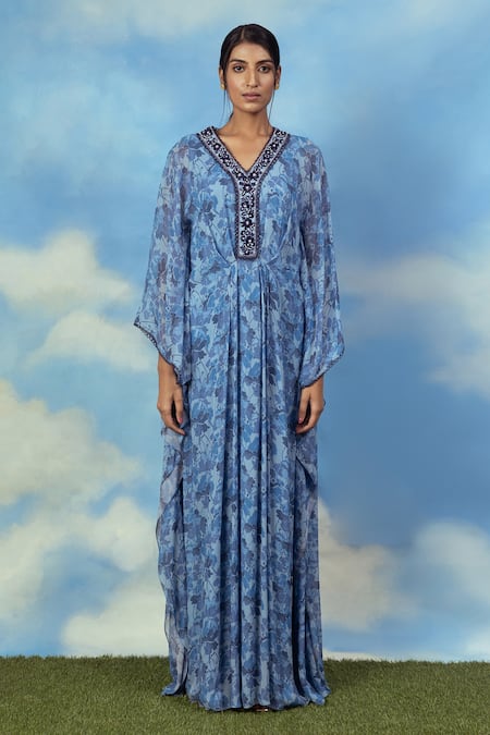 Shop Adi By Aditya Khandelwl Blue Georgette Digital Print, Pearl And Thread V Neck Floral Kaftan at Aza Fashions Shop_Adi By Aditya Khandelwl_Blue Georgette Digital Print, Pearl And Thread V Neck Floral Kaftan _at_Aza_Fashions
