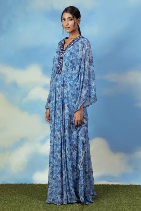 Buy Adi By Aditya Khandelwl Blue Georgette Digital Print, Pearl And Thread V Neck Floral Kaftan Online at Aza Fashions Buy_Adi By Aditya Khandelwl_Blue Georgette Digital Print, Pearl And Thread V Neck Floral Kaftan _Online_at_Aza_Fashions