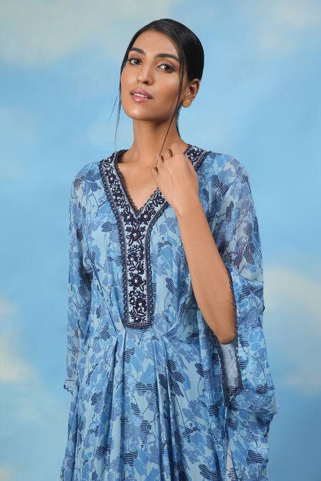 Shop Adi By Aditya Khandelwl Blue Georgette Digital Print, Pearl And Thread V Neck Floral Kaftan Online at Aza Fashions Shop_Adi By Aditya Khandelwl_Blue Georgette Digital Print, Pearl And Thread V Neck Floral Kaftan _Online_at_Aza_Fashions