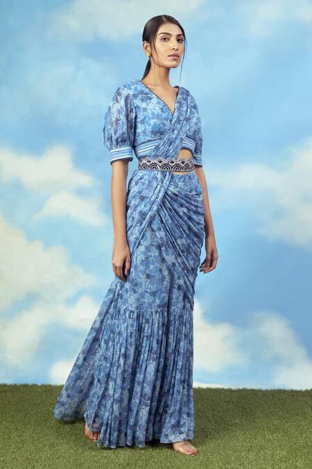 Adi By Aditya Khandelwl_Blue Silk Chanderi And Georgette Digital Print, Floral Palazzo Saree With Blouse_Online_at_Aza_Fashions