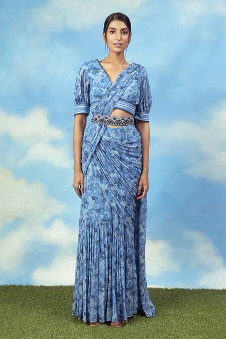 Shop_Adi By Aditya Khandelwl_Blue Silk Chanderi And Georgette Digital Print, Floral Palazzo Saree With Blouse_Online_at_Aza_Fashions