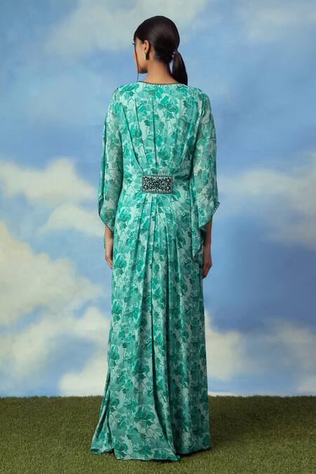 Shop Adi By Aditya Khandelwl Green Georgette Digital Print, Pearl And Thread V Neck Floral Kaftan at Aza Fashions Shop_Adi By Aditya Khandelwl_Green Georgette Digital Print, Pearl And Thread V Neck Floral Kaftan_at_Aza_Fashions