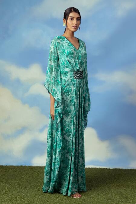 Adi By Aditya Khandelwl Green Georgette Digital Print, Pearl And Thread V Neck Floral Kaftan Online at Aza Fashions Adi By Aditya Khandelwl_Green Georgette Digital Print, Pearl And Thread V Neck Floral Kaftan_Online_at_Aza_Fashions