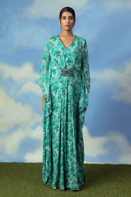 Buy Adi By Aditya Khandelwl Green Georgette Digital Print, Pearl And Thread V Neck Floral Kaftan Online at Aza Fashions Buy_Adi By Aditya Khandelwl_Green Georgette Digital Print, Pearl And Thread V Neck Floral Kaftan_Online_at_Aza_Fashions