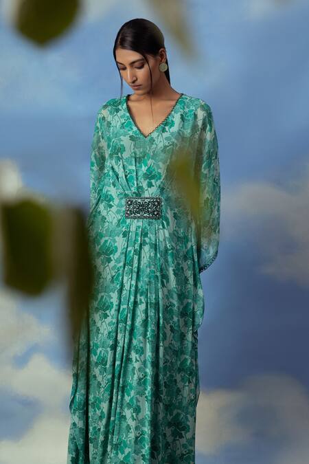 Shop Adi By Aditya Khandelwl Green Georgette Digital Print, Pearl And Thread V Neck Floral Kaftan Online at Aza Fashions Shop_Adi By Aditya Khandelwl_Green Georgette Digital Print, Pearl And Thread V Neck Floral Kaftan_Online_at_Aza_Fashions