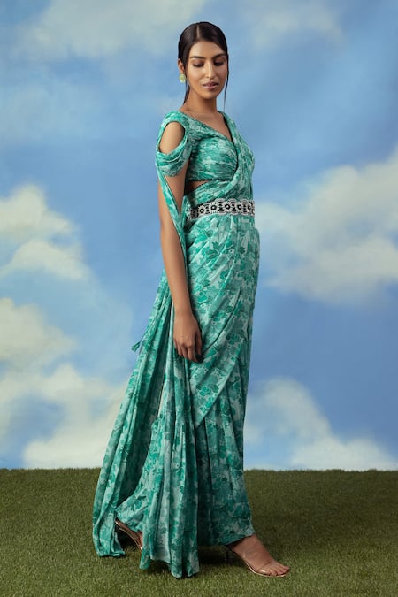 Adi By Aditya Khandelwl_Green Georgette Digital Print, Pearl And Thread Floral Palazzo Saree With Blouse_Online_at_Aza_Fashions