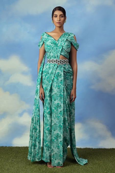Buy_Adi By Aditya Khandelwl_Green Georgette Digital Print, Pearl And Thread Floral Palazzo Saree With Blouse_Online_at_Aza_Fashions