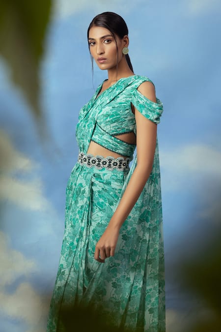 Shop_Adi By Aditya Khandelwl_Green Georgette Digital Print, Pearl And Thread Floral Palazzo Saree With Blouse_Online_at_Aza_Fashions