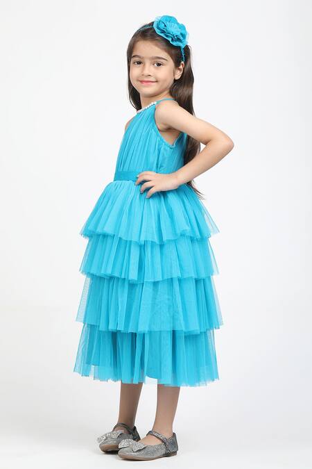 Jelly Jones_Blue Silk Pearls Embellished Layered Gown And Hairband_Online_at_Aza_Fashions