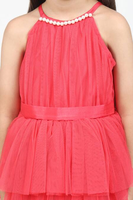 Shop_Jelly Jones_Pink Silk Pearls Coral Embellished Gown Set_Online_at_Aza_Fashions