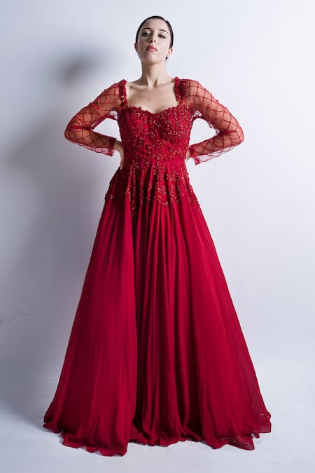 Dark Red Velvet and Tulle Gradient Long Formal Gown,A-line Tulle with –  Cutedressy