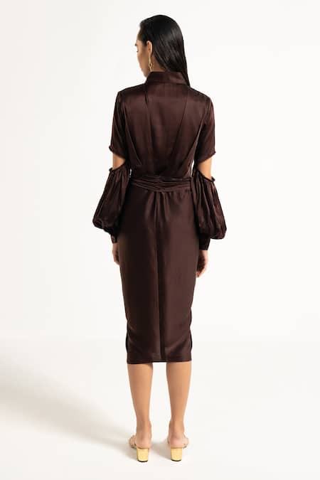 Shop_APZ_Brown Pure Silk Lining Silk-satin Spread Collar De Fete Midi Dress _at_Aza_Fashions