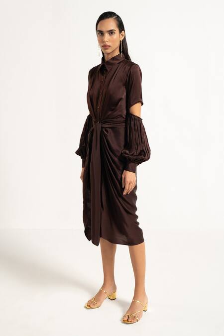 APZ_Brown Pure Silk Lining Silk-satin Spread Collar De Fete Midi Dress _Online_at_Aza_Fashions