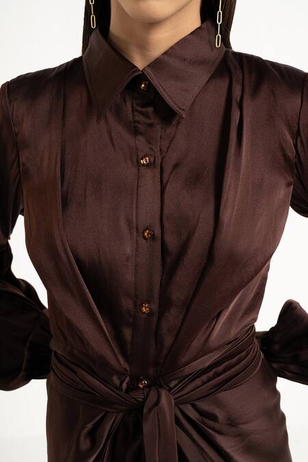 Buy_APZ_Brown Pure Silk Lining Silk-satin Spread Collar De Fete Midi Dress _Online_at_Aza_Fashions