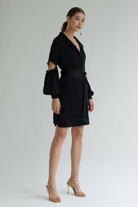 APZ_Black Silk Straight Collar Cutout Sleeve Dress _Online_at_Aza_Fashions