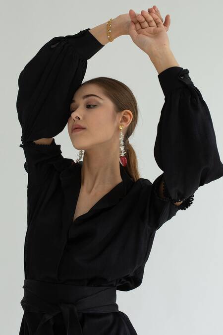 Shop_APZ_Black Silk Straight Collar Cutout Sleeve Dress _Online_at_Aza_Fashions