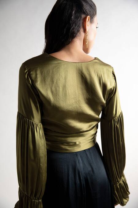 Shop Apz Green Pure Silk Lining Silk-satin V Neck Soie Blouse at Aza Fashions Shop_Apz_Green Pure Silk Lining Silk-satin V Neck Soie Blouse_at_Aza_Fashions
