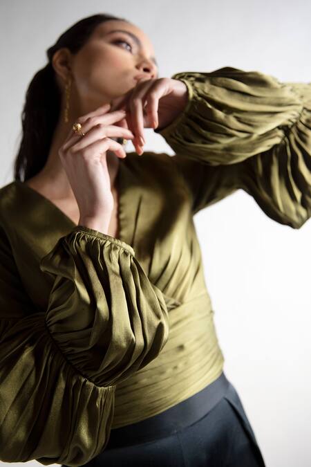 Apz Green Pure Silk Lining Silk-satin V Neck Soie Blouse Online at Aza Fashions Apz_Green Pure Silk Lining Silk-satin V Neck Soie Blouse_Online_at_Aza_Fashions