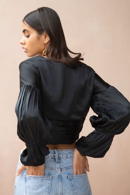 Shop Apz Black Pure Silk Lining Silk-satin V Neck Soie Blouse at Aza Fashions Shop_Apz_Black Pure Silk Lining Silk-satin V Neck Soie Blouse_at_Aza_Fashions