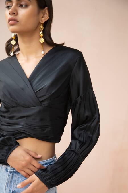 Apz Black Pure Silk Lining Silk-satin V Neck Soie Blouse Online at Aza Fashions Apz_Black Pure Silk Lining Silk-satin V Neck Soie Blouse_Online_at_Aza_Fashions