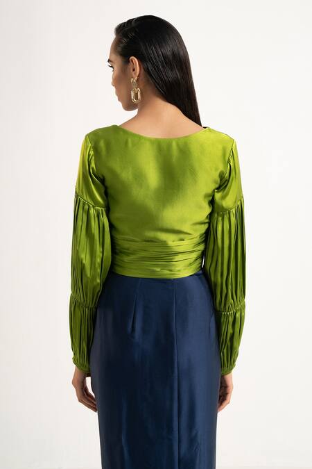Shop_APZ_Green Pure Silk Lining Silk-satin V Neck Soie Pleated Blouse_at_Aza_Fashions