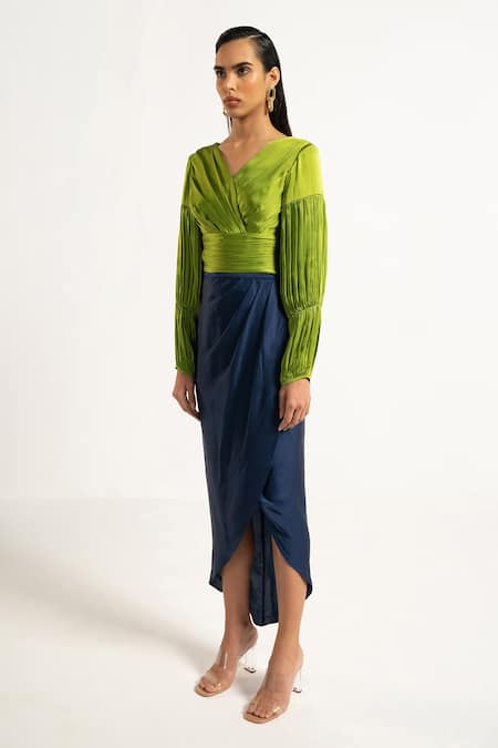 APZ_Green Pure Silk Lining Silk-satin V Neck Soie Pleated Blouse_Online_at_Aza_Fashions
