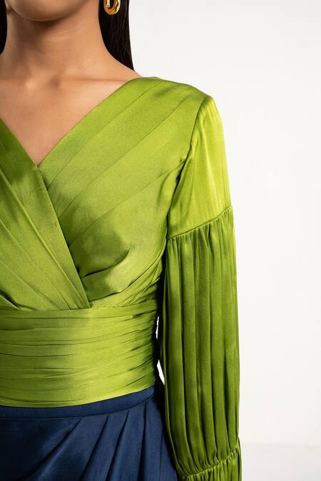 Buy_APZ_Green Pure Silk Lining Silk-satin V Neck Soie Pleated Blouse_Online_at_Aza_Fashions
